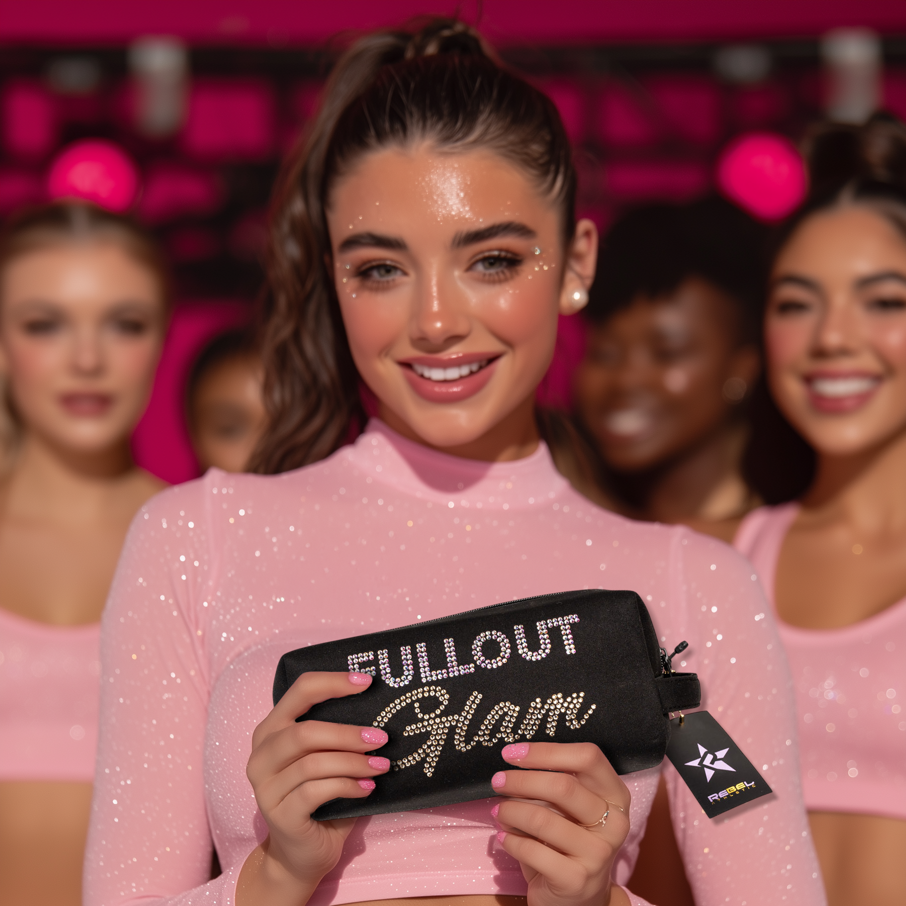 Woman in pink outfit holding a 'FULLOUT Glam' product with blurred background