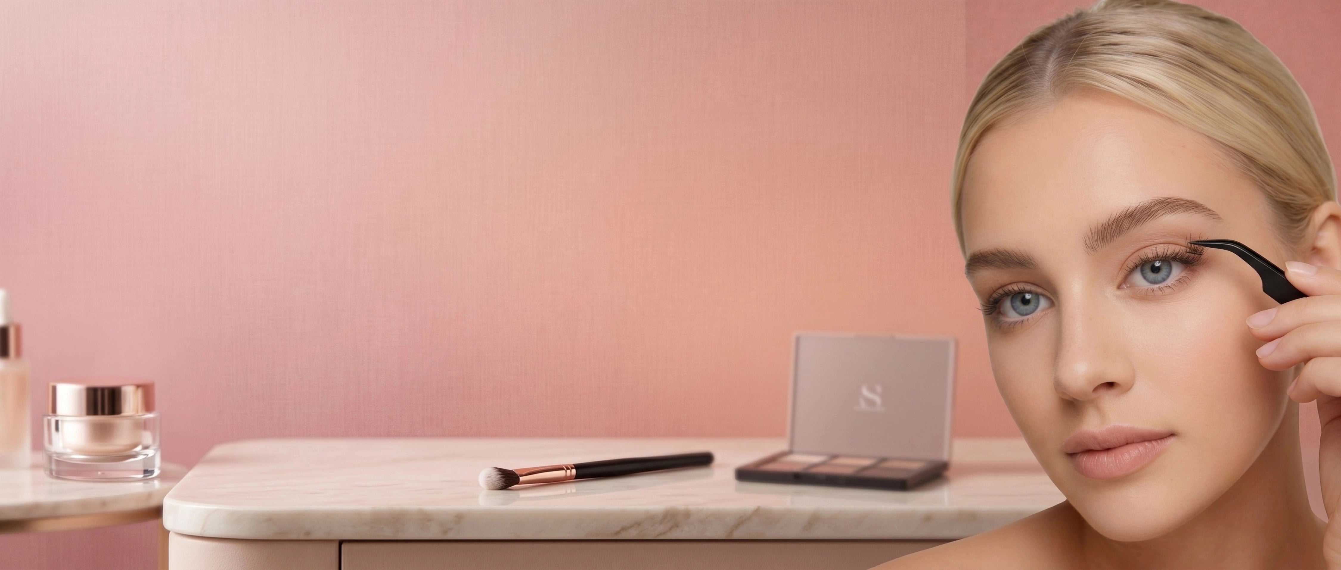Woman applying makeup with a brush, sitting at a table with cosmetic products on a pink background